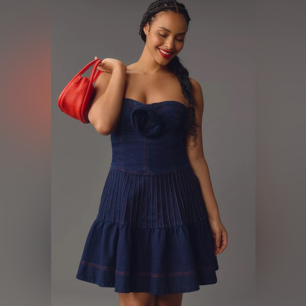 Maeve Rosette Strapless Fit & Flare Denim Mini Dress